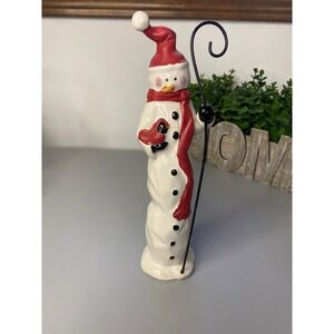 Ceramic Snowman Figurine with Cardinal and Staff Christmas Holiday Decor